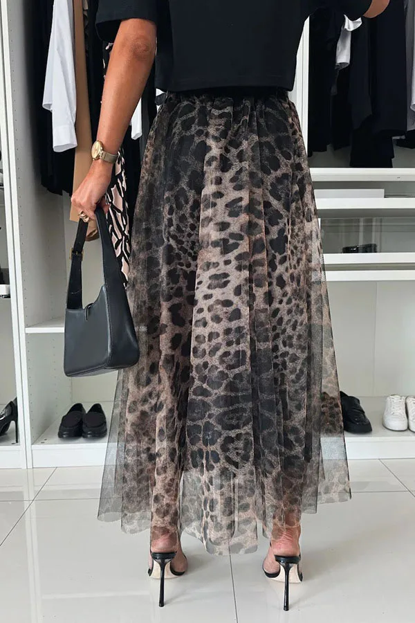 Spring New Leopard Print Skirt Elegant Elastic High Waist Splicing Mesh Long Skirt Women's 2025 Fashion Slim Party Half Skirts