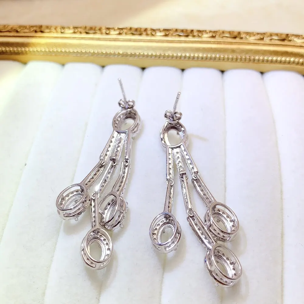 49 S925 sterling silver earrings with empty oval base, 4*6mm, luxurious and flexible fringed design, eardrop earrings