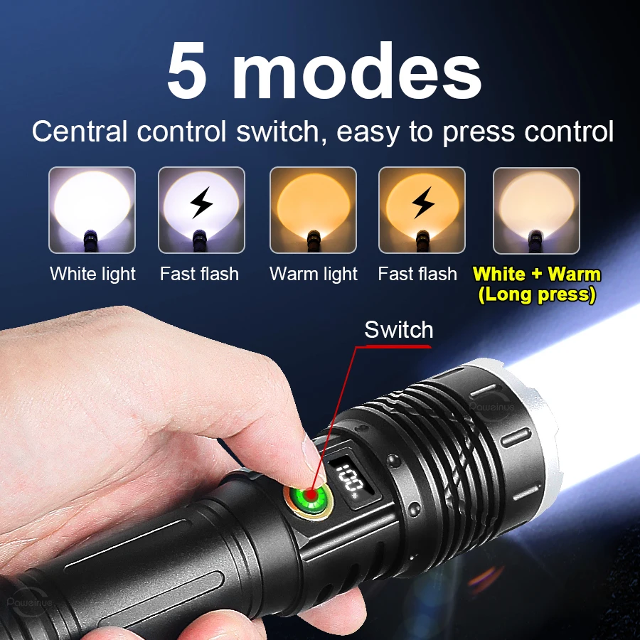 High Power Led Flashlight 2*30W LED  2 Kinds of Lights Telescopic Zoom 1500m Usb Charging Flashlight Waterproof IPX6 Torch Light