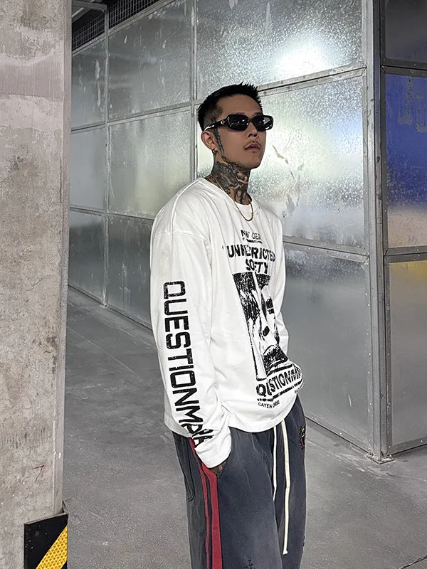 Heavyweight Pure Cotton Vintage Worn Long Sleeve T-Shirt Loose Fit Crew Neck Printed Graphic Top for Men Breathable Casual Tee