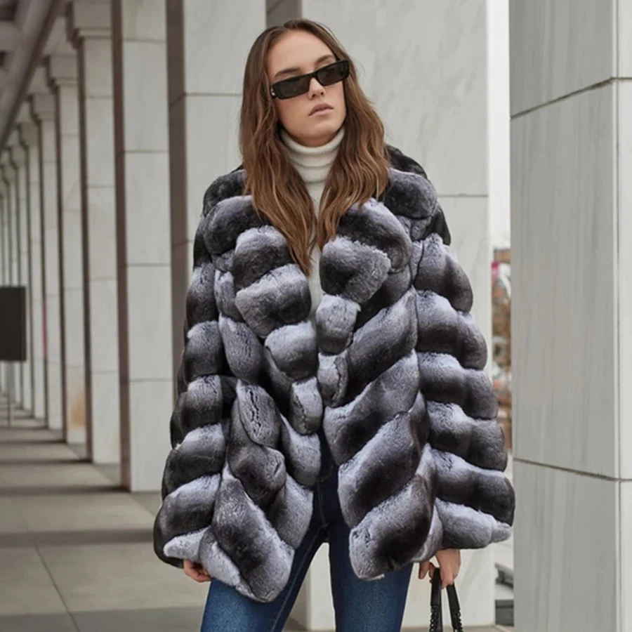 Casaco de Chinchilla para mulheres, Casaco Real Rex Rabbit Fur, Marcas luxuosas, Casaco de inverno quente com capuz