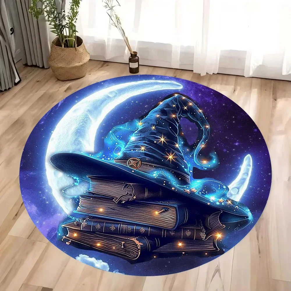 Magic Hat and Vintage Ancient Book Circular Carpet  Bedroom Living Room Non Slip Floor Mat Home Decoration Yoga Studio