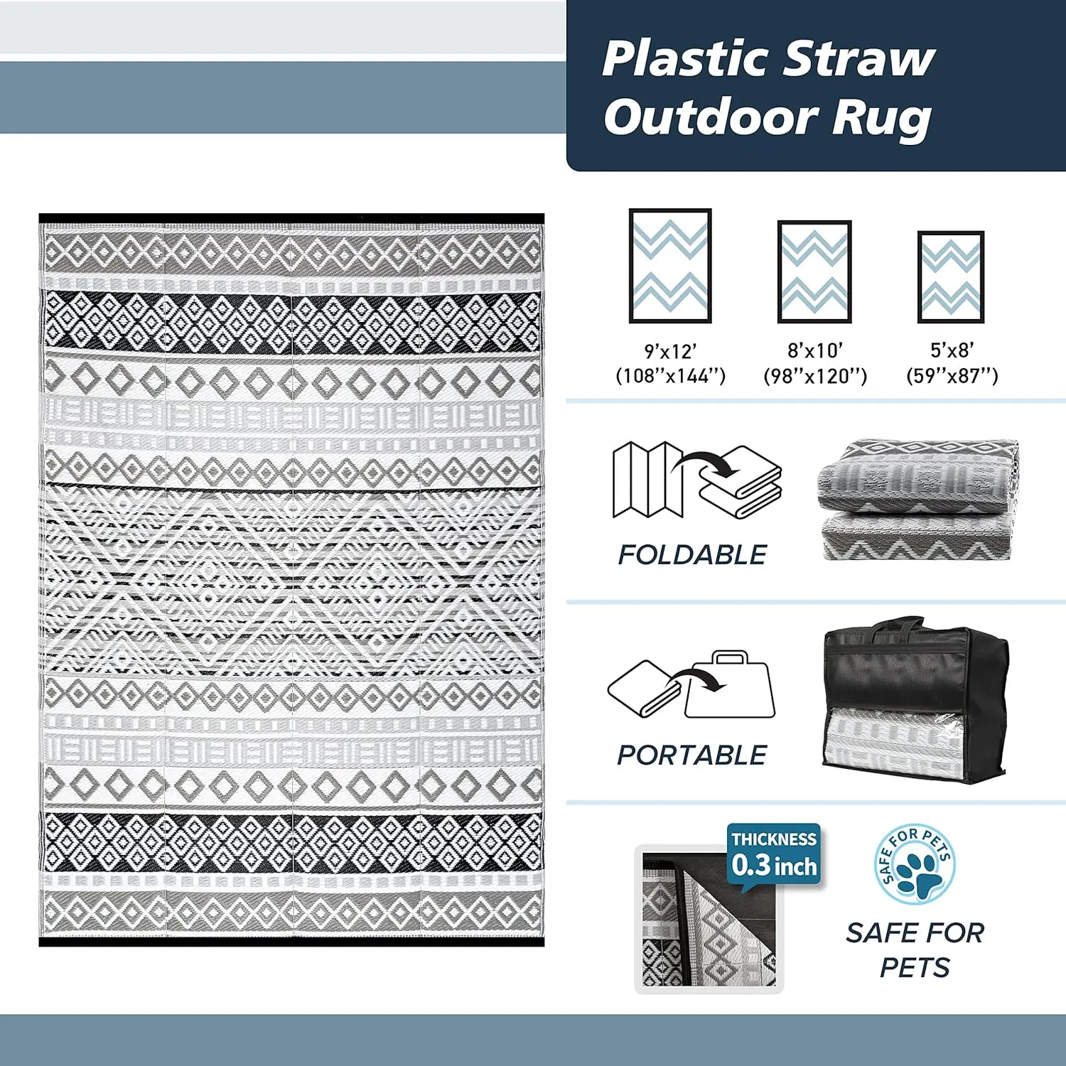 Comfort Corner Boho Outdoor Rug Waterproof for Patio RV Camping Picnic Balcony Plastic Straw Rug Charcoal White 9x12