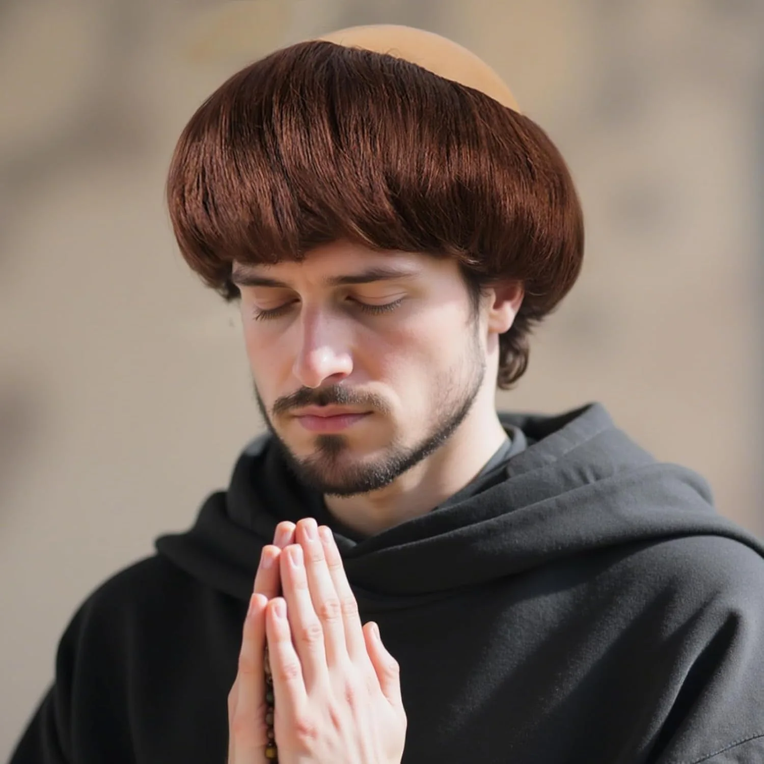 Adult Men Monk Cosplay Wig Synthetic Short Bowl Cut Wig Medieval Friar Religious Themed Party Halloween Fancy Dress Costume