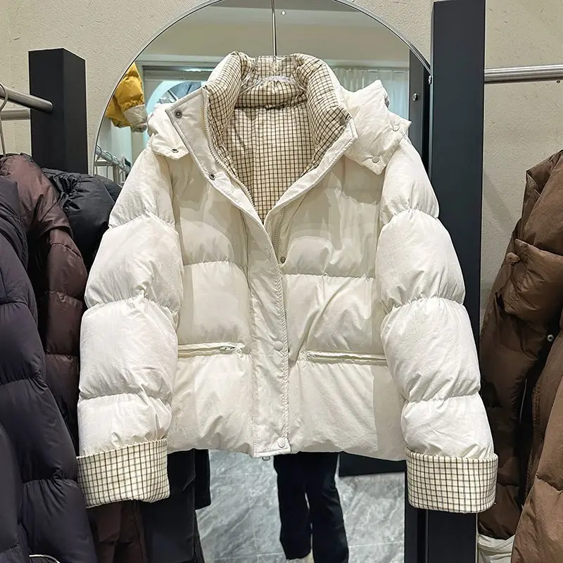 Winter New Women's Down Jacket Commuter Splicing Checkered Hoodie Jacket