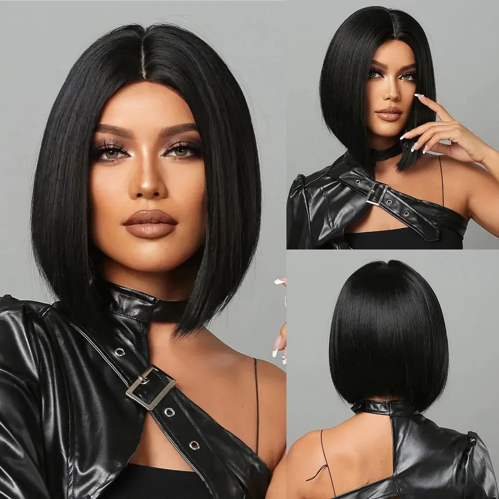 Natural Hairline Hair For Black Women Short Straight Bob Middle Part Heat Resistant Synthetic Wig For Daily Use Cosplay