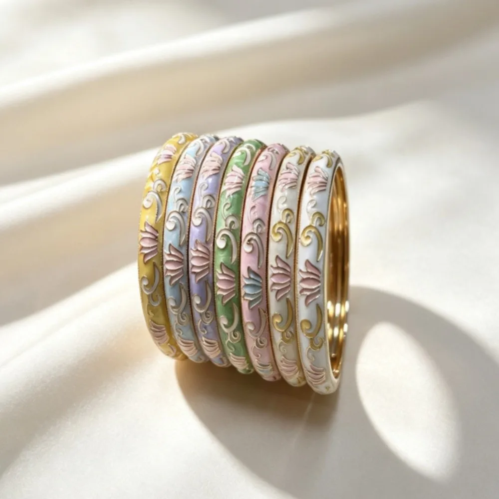 Colorful Vintage Cloisonne Bangle Enamel Traditional Lotus Flower Bangle Open Cuff Chinese Women's Hand Bracelet Jewelry Gifts
