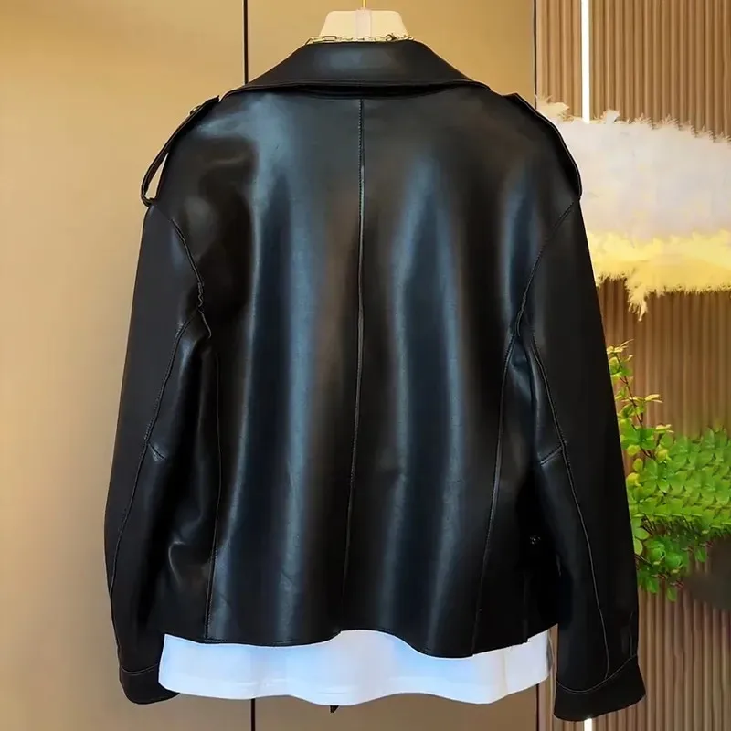 Fashion Short Lapel Cardigan PU Leather Jacket Loose Casual Women Jackets 2024 New Spring Autumn High-End Korean Motorcycle Coat