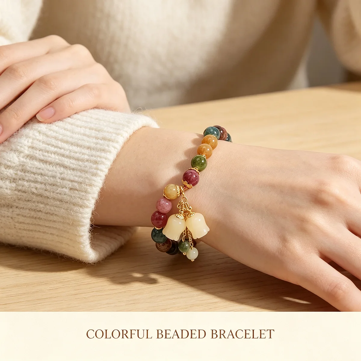 Vintage Antique Style Beaded Bracelet, Chinese Multi Gemstone Wristband with Carved Lily of The Valley Pendant, Retro Heirloom Aesthetic Jewelry Gift for Classic Fashion Lovers image 3