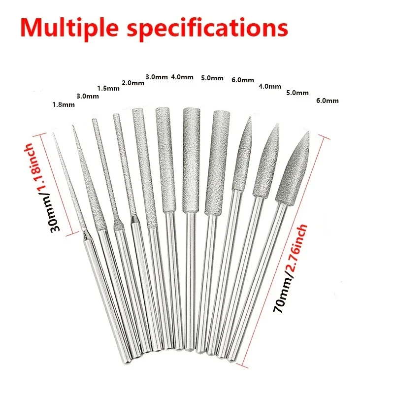 11PCS Diamond Grinding Head Polishing Kits Rotary Tools Small Long Cone Accessories with 1/8’ Shank For Carving Stone Glass etc