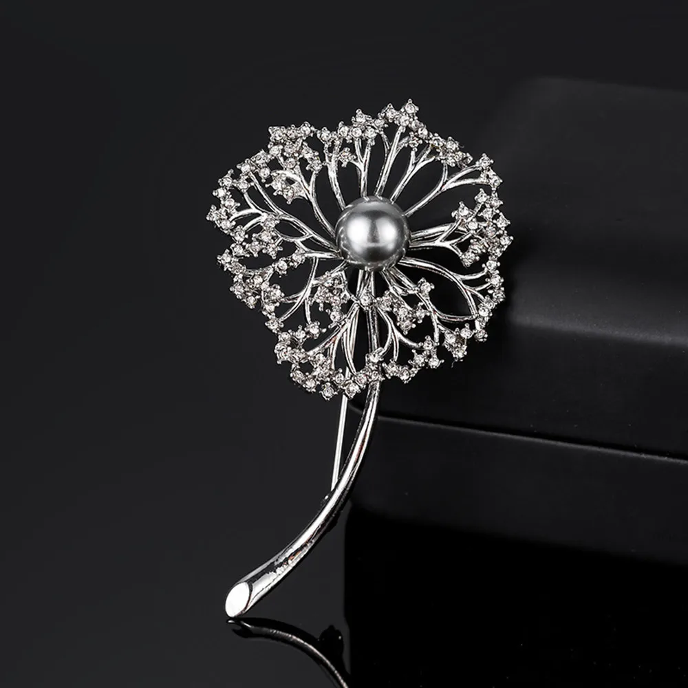 Golden Dandelion Pearl Brooch Woman 2025 Bling Rhinestone Cloth Fixing Pin Exquisite Jewelry Gift