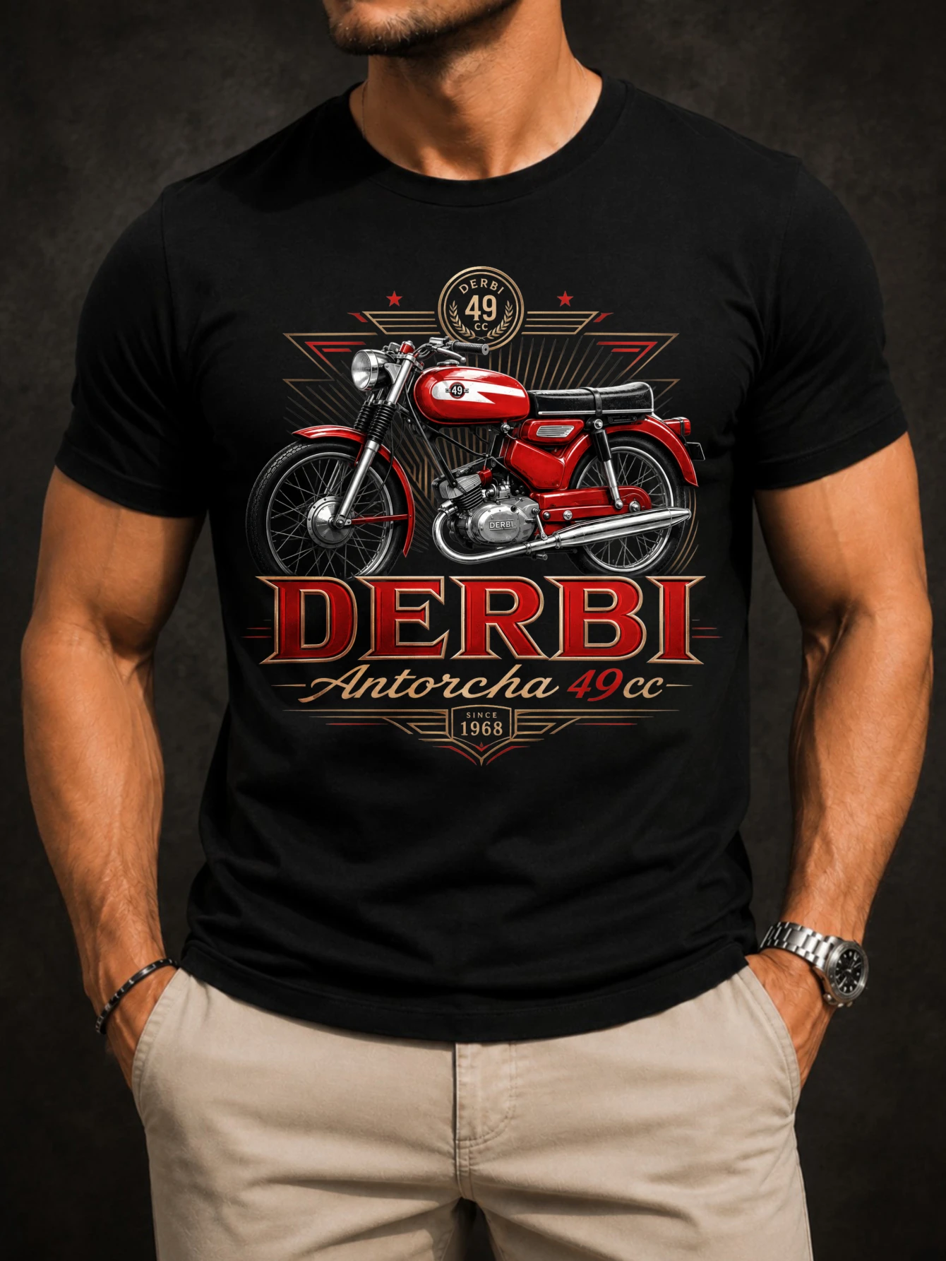 Antorcha 49cc Since 1968 Graphic red motorcycle framed by art deco lines and 49cc heritage mes  Unisex All T-Shirt
