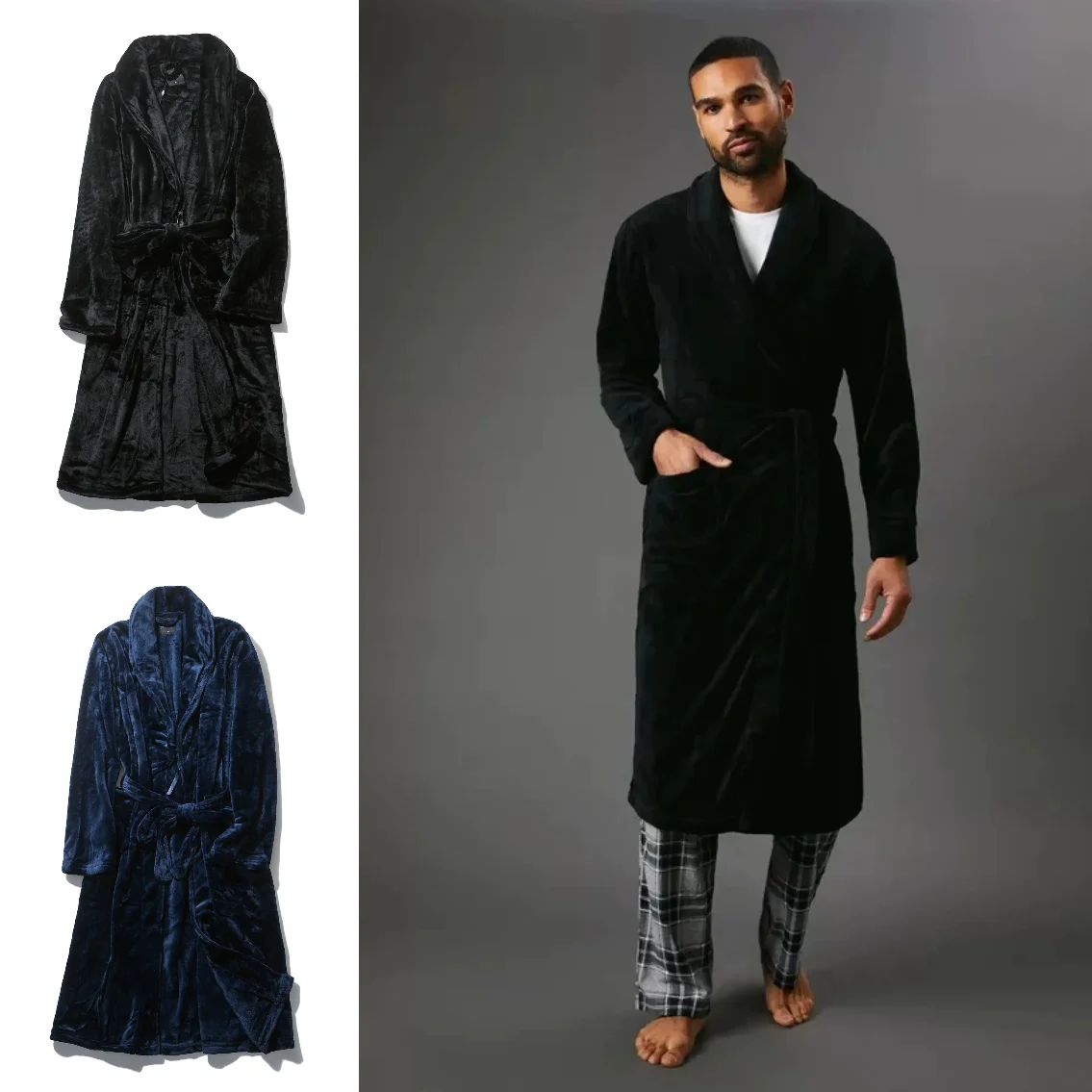 Star Enjoyment! Must Bring! Men's Long Fleece Lined Warm Robe Velvet Soft Thick Winter Bathrobe Casual Comfortable Polyester
