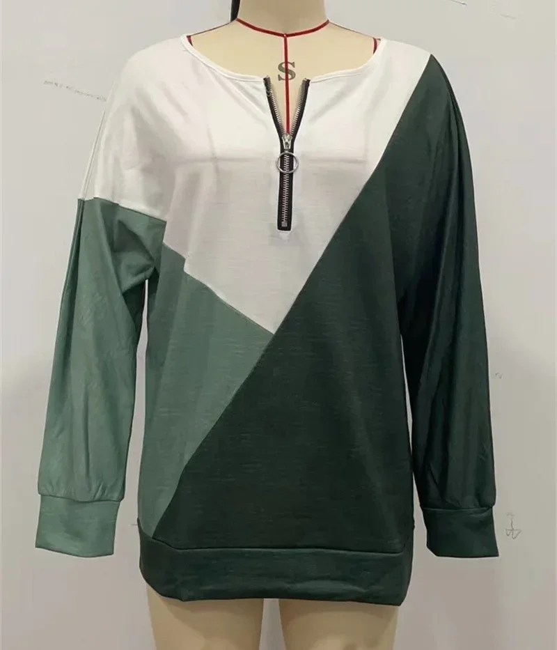 Women New Geometry Colour Blocking Sweatshirt Zipper Splicing Loose O Neck Hoodie Female Comfortable Autumn Casual Commuter Tops