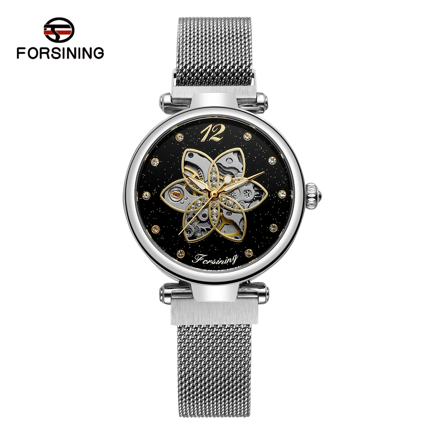 Fashion Forsining Top Brand Rose Gold Case Starry Sky Dial Women\'s Mesh Mechanical Skeleton Creative Self-winding Wrist Watches