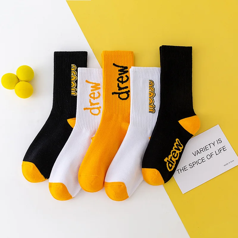 Drew House Smiley Letter Print Mid‑Calf Socks, Unisex Hip‑Hop Casual Sports Socks Perfect for Clogs Matching
