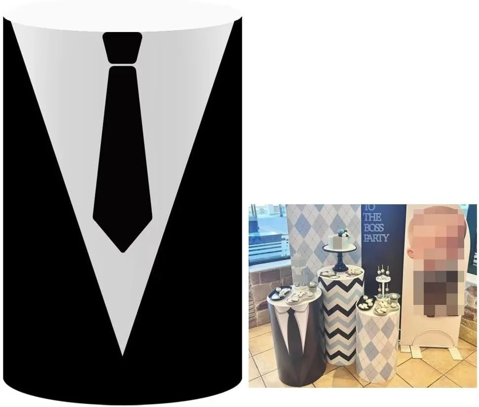 Boss Suit Cylinder Cover Backdrop Black Tie Beard Baby Shower Birthday Party Decor Dessert Pedestal Column Background Custom