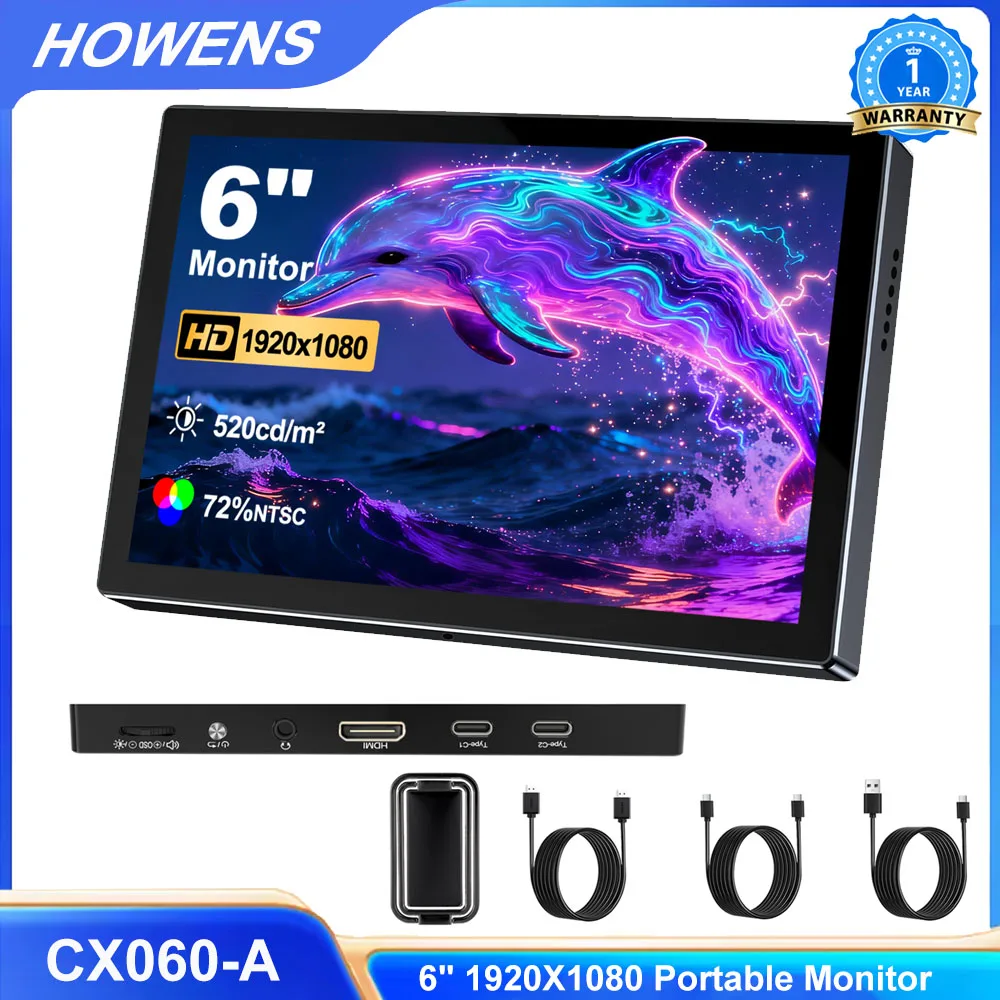 HOWENS 6-inch Portable Monitor 60HZ For Laptop XBox PS4/5 Switch TV Box Cell Phone PC Extension Mobile VESA TypeC Second Display