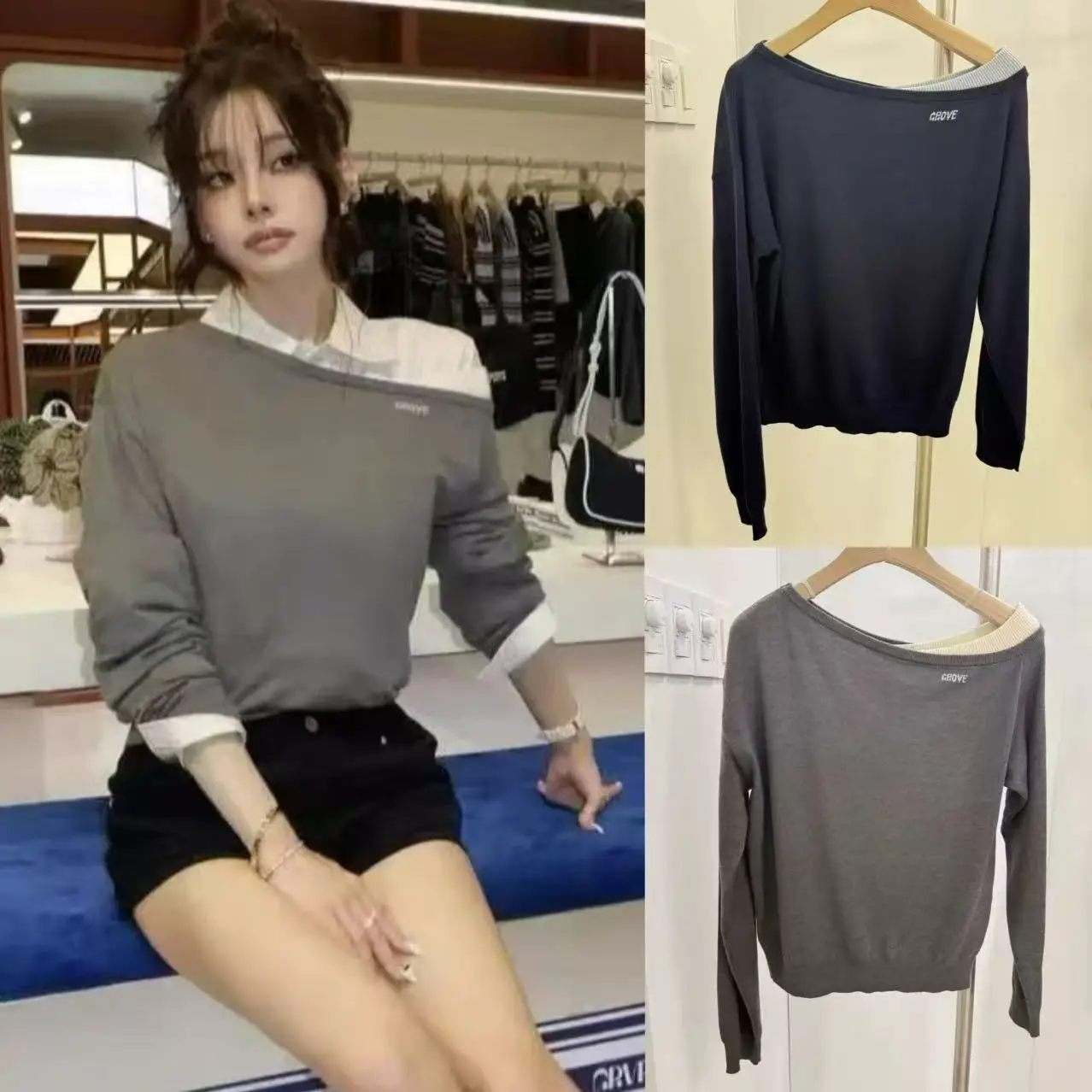 

Вязаный свободный длинный све, искусственный двухсекционный повседневный женский топ с воротниками, осенний дизайн Suiji nt Faion