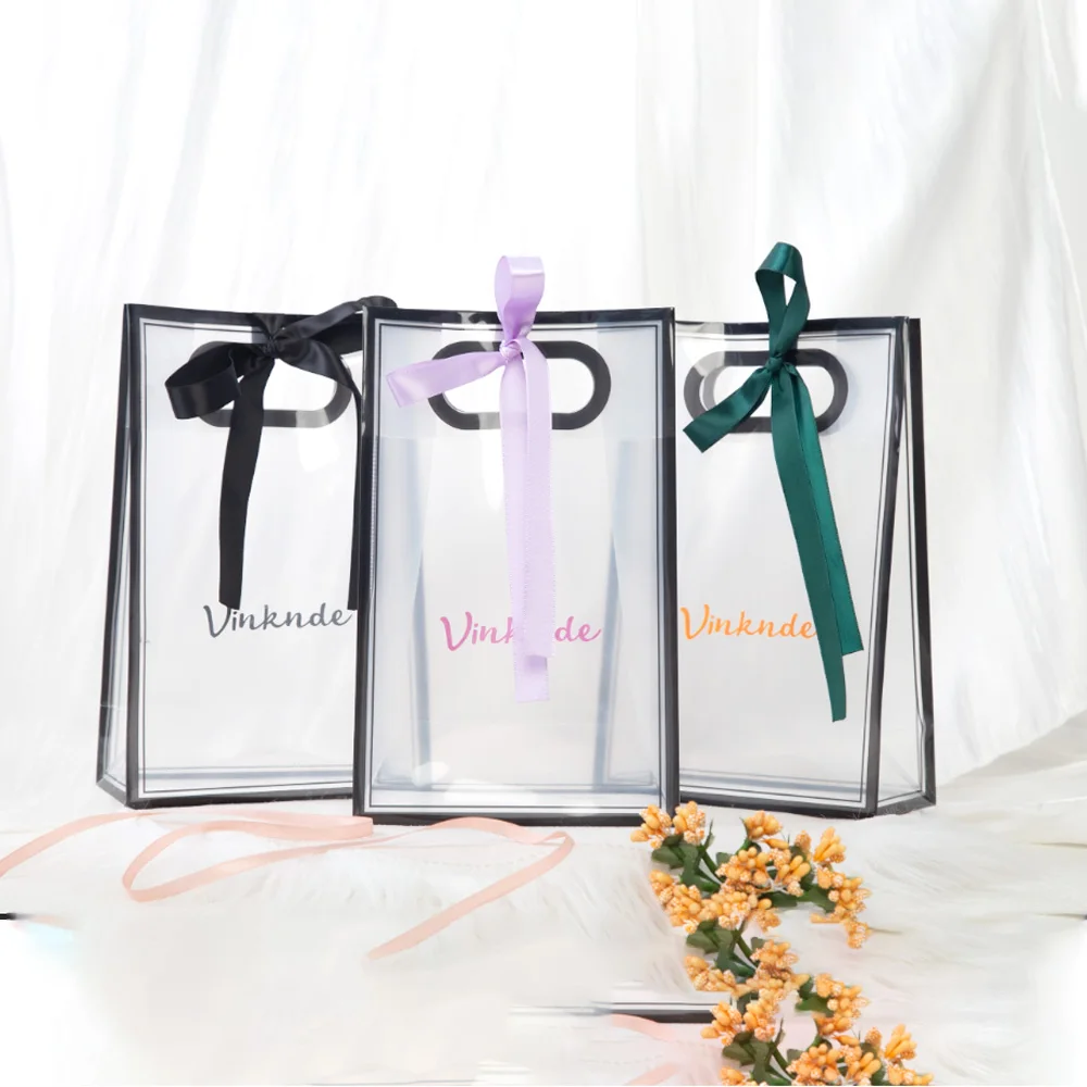 

100pcs/lot Custom Logo PP Plastic Tote Gift Bags With Bow Ribbons 24x10x35cm Boutique Shopping Packaging Dust Organizer Pouches