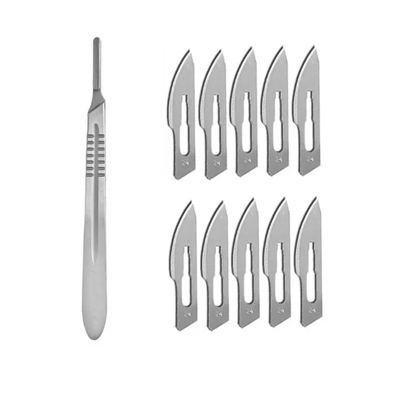 10 pz NO.24 lame per bisturi chirurgici in acciaio al carbonio + 1 pz 4 # manico bisturi strumento di taglio fai da te riparazione PCB coltello chirurgico animale