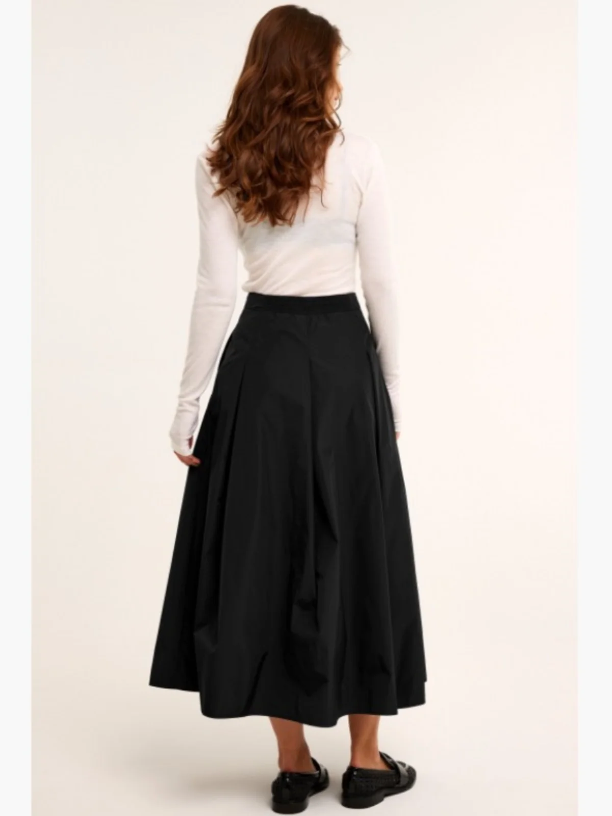 ผู้หญิงเอวสูงกระโปรง Midi Bla จีบกระโปรง Qui แห้ง Ele Sle นวนิยายสีบริสุทธิ์เส้นใยโพลีเอสเตอร์