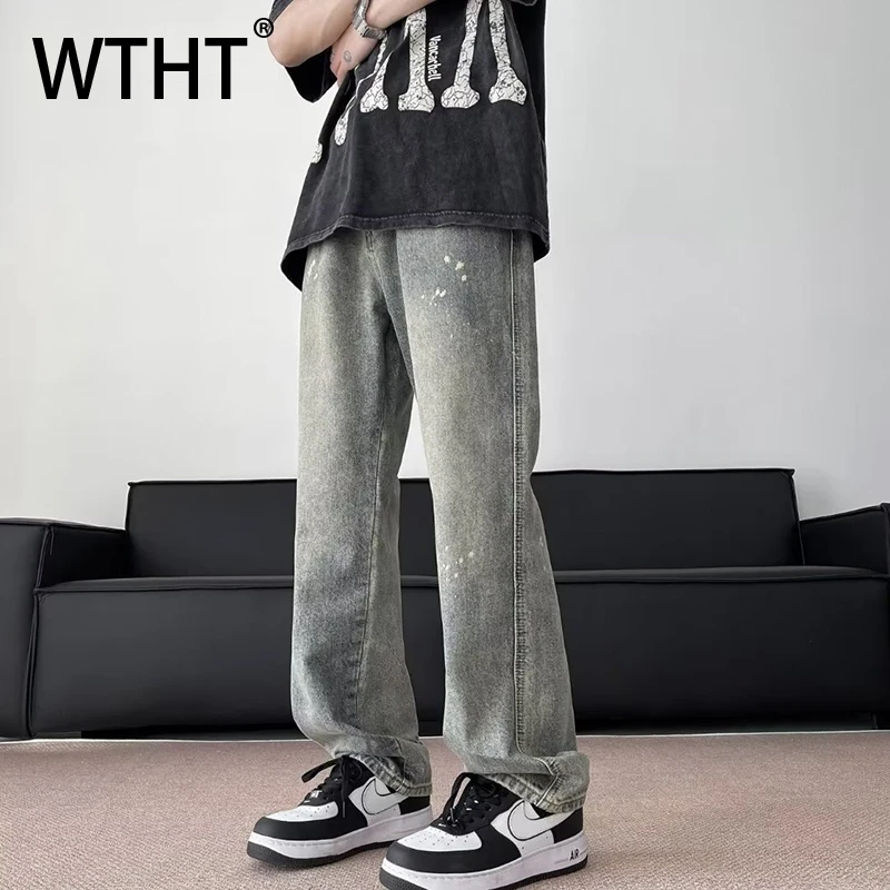 

WTHT Fashion 2026 Summer Men's Graffiti Do Old Loose Denim Pants Vintage American Style Straight Casual Jeans Male 2A2942