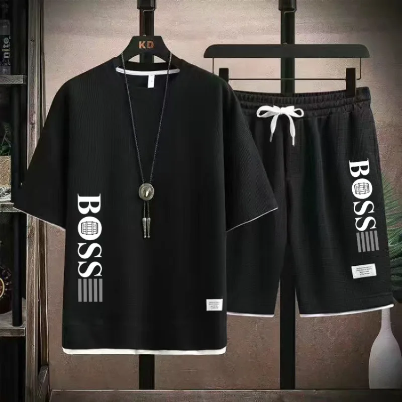 

Summer new men's fashion clothing loose breathable short sleeve T-shirt + jogging shorts two-piece fashion fitness suit