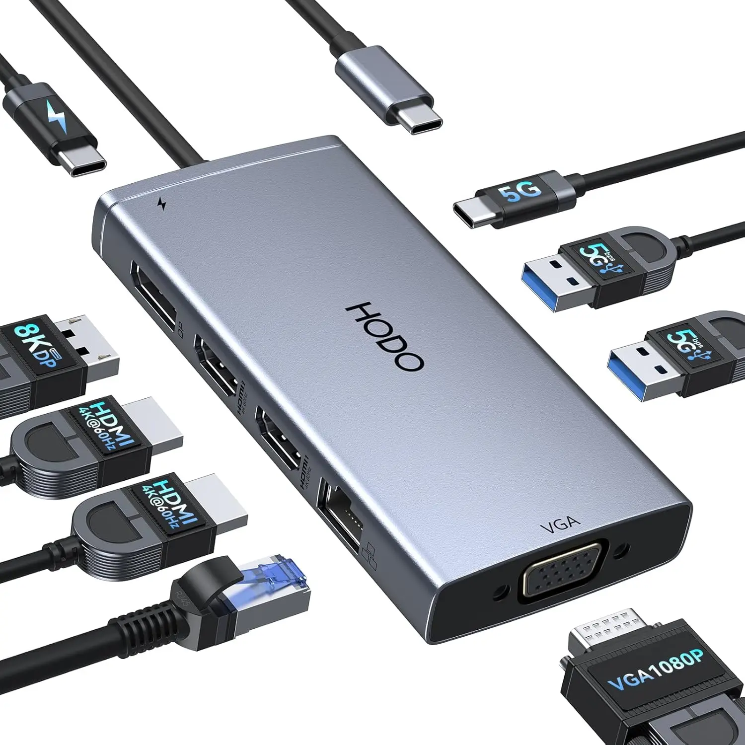 

Многофункциональная док-станция USB-C 9-в-1 с двумя портами HDMI, DisplayPort, VGA, 3 портами USB, поддержкой зарядки Power Delivery и Ethernet для ноутбуков