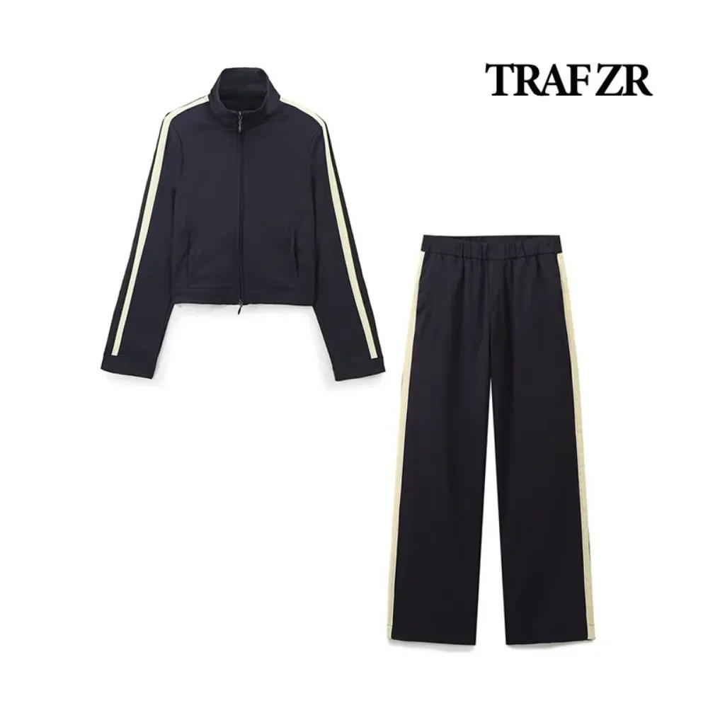 TRAF ZR 2024 Casual Two Piece Set Women Enseble 2 Pieces Femme Long Sleeves with Side Stripe Jacket + Elastic Waistband Pants