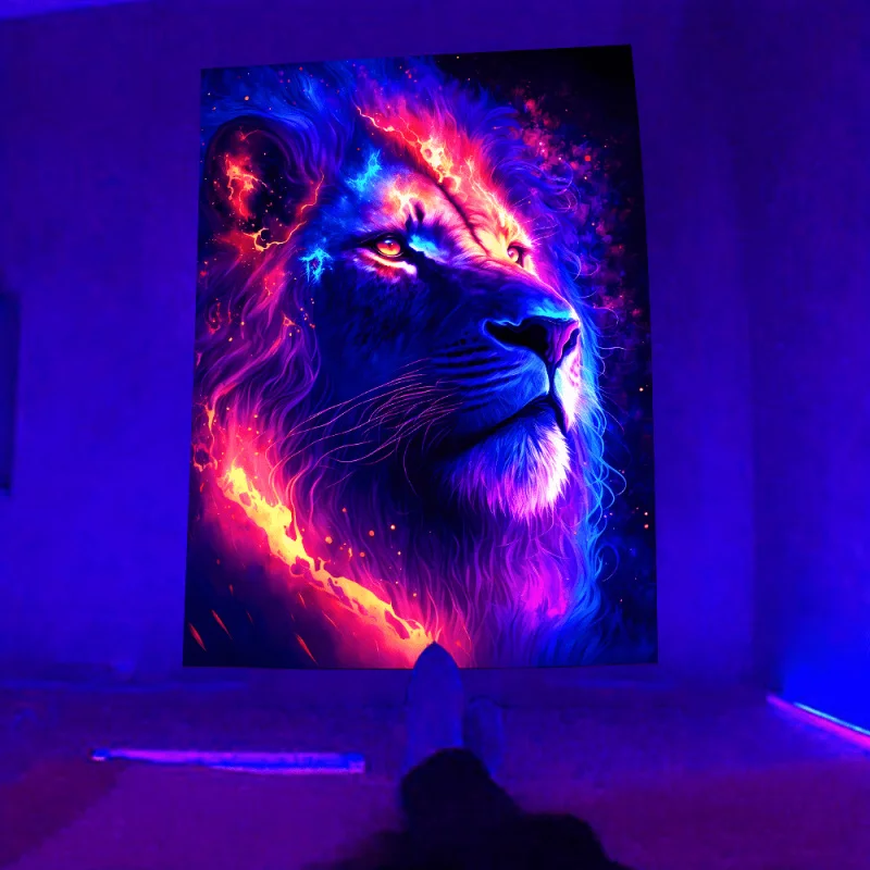 Tapisserie fluorescente néon VIKAMA Lion, décoration de fête sous lumière noire, tapisserie d'ambiance pour salle d'e-sport