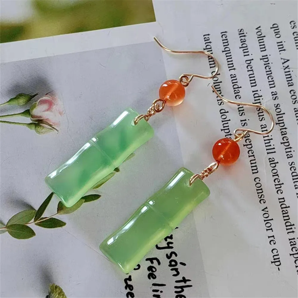 High Quality Green Chalcedony Drop Earrings South Red Agate Ear Hook Chinese Hanfu Temperament Female Romantic Party Jewelry