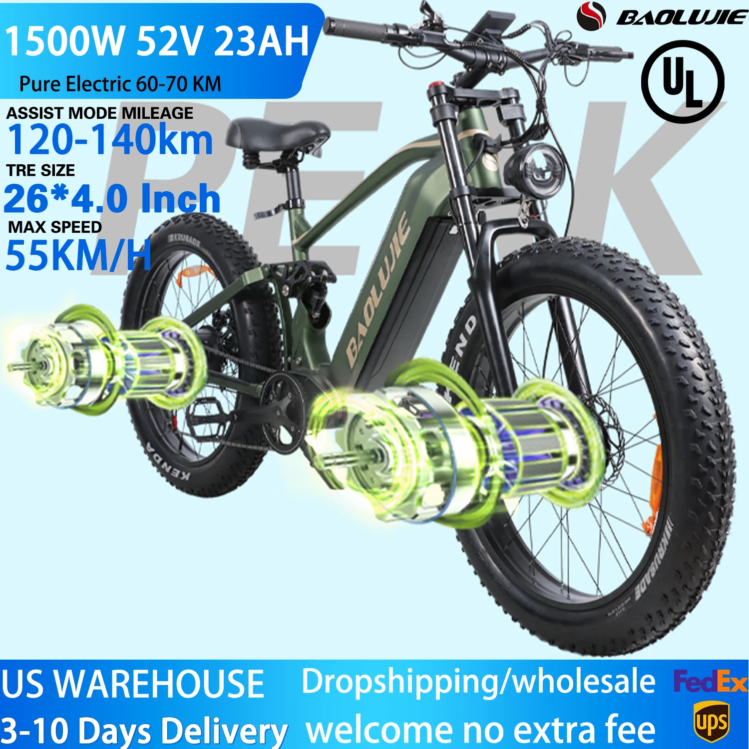 BAOLUJIE1500W Ebike جبل E-الدراجة الدهون الإطارات 52V23AH بطارية دراجة كهربائية أقصى سرعة 55 كم/ساعة دراجة كهربائية للبالغين على الطرق الوعرة #1