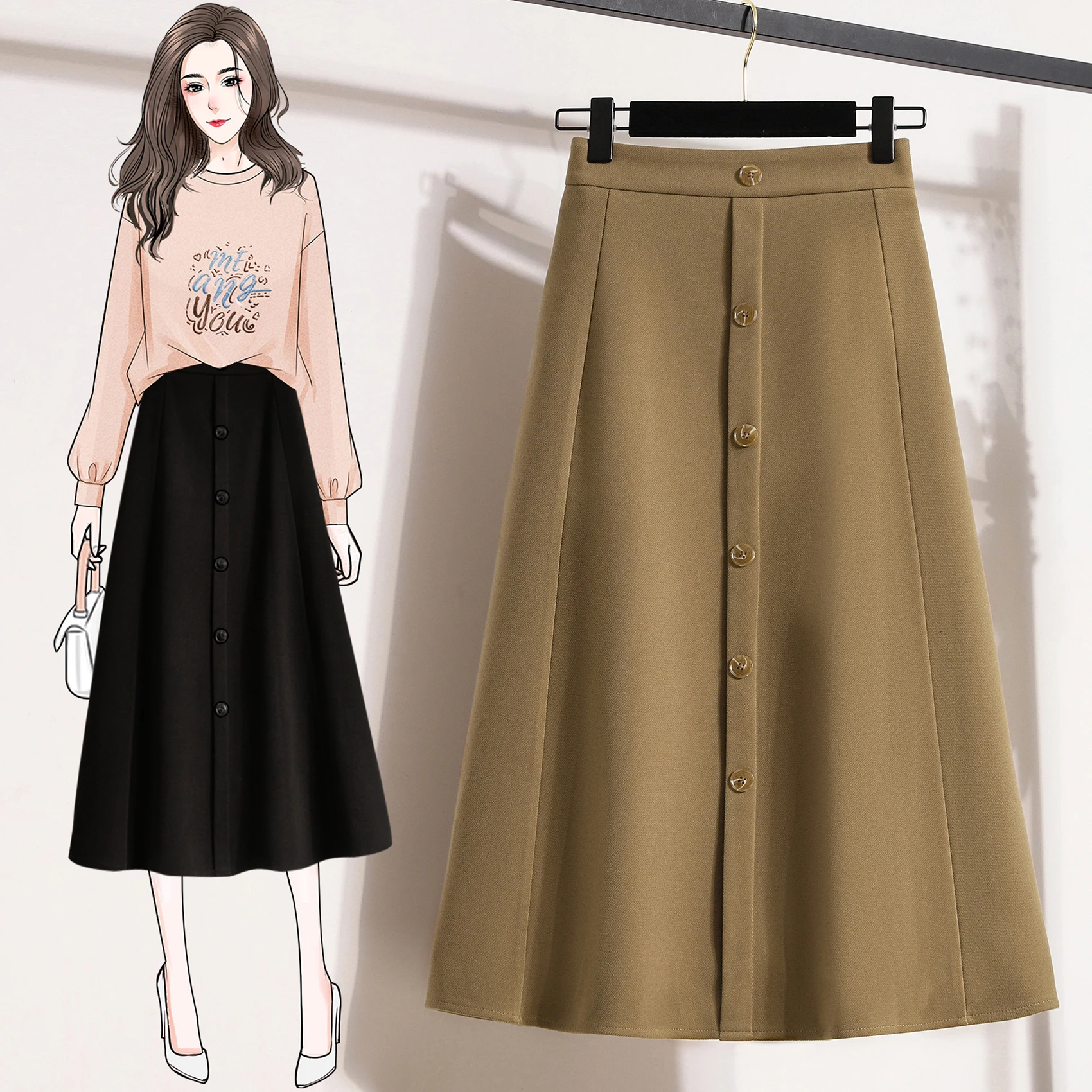 High Waist A-Line Midi Skirt Women's Woolen Coat Single Button Korean Style Commute Medium Long Skirt Autumn New Arrival