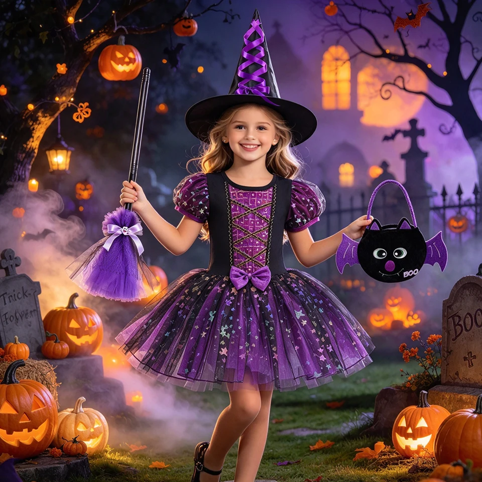 Halloween Witch Costume for Girls Kids Shiny Fluffy Witch Ballet Tutu Dress Festival Masquerade Elegant Party Children's Costume