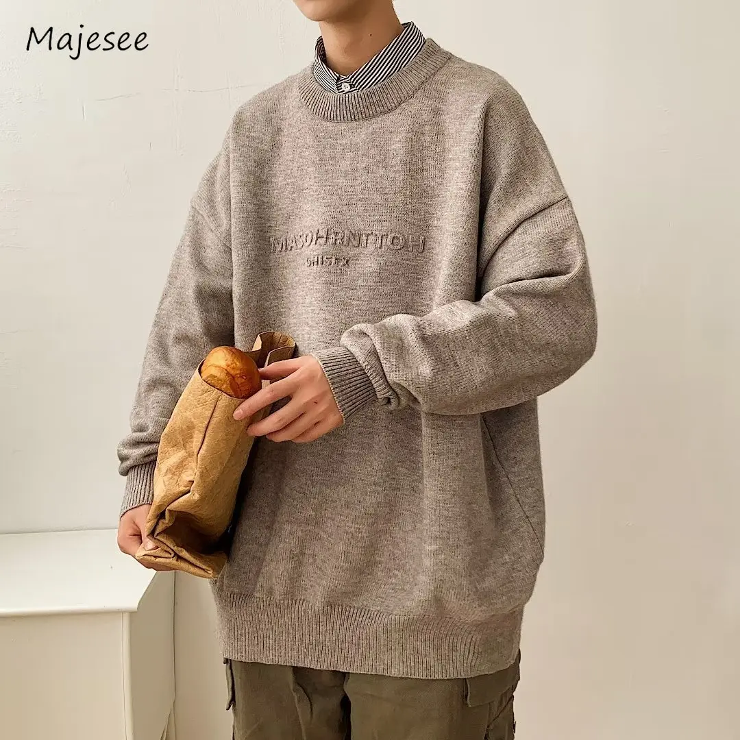 

Letter Sweaters Men Winter Slouchy Tender Chic Simple Daily Baggy Couple All-match British Preppy Style Teenagers Elegant New