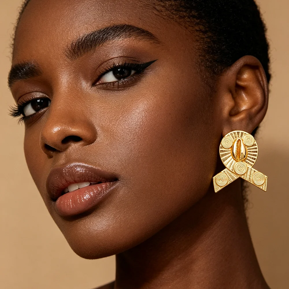 Luxuriöses 18K vergoldetes Muschel-Ohrringe- und Ring-Set für Damen, luxuriöse Hochzeits- und Party-Accessoires, Geschenk für die Braut. – Detail 6