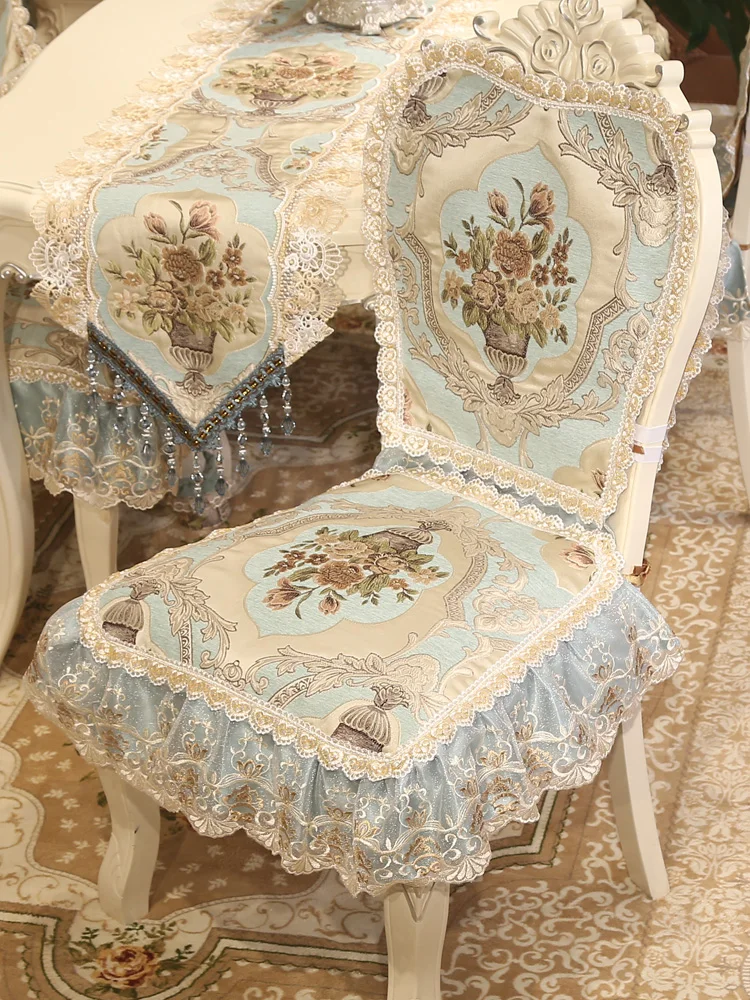 European Dining Chair Cover Home Decoration Anti-slip Lace Chair Cushion Cloth Jacquard Embroidery Chenille Chair Cover Kitchen