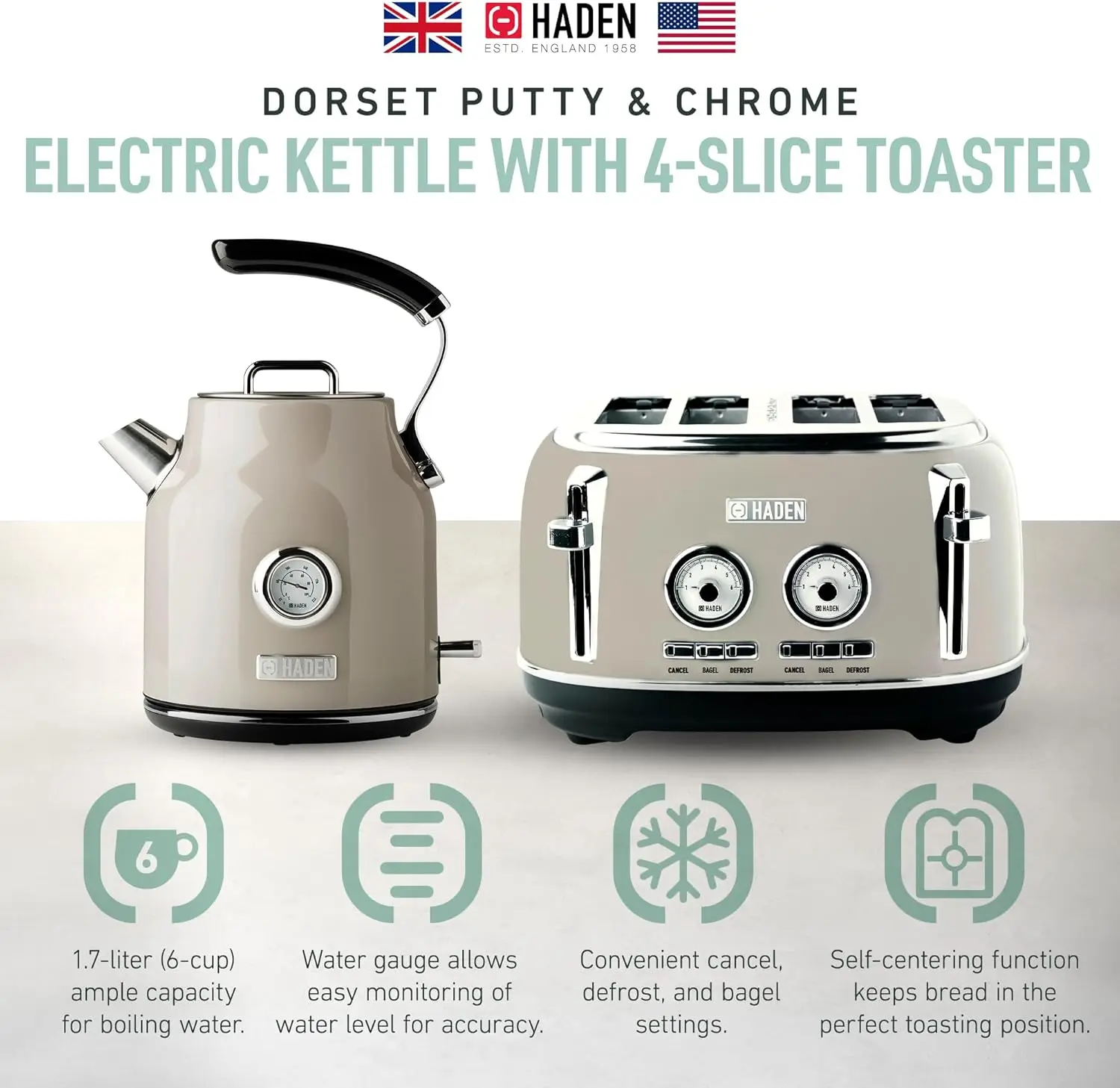 Wide Slot Stainless Steel Toaster Bundled with 1.7 Liter Stainless Steel Electric Kettle with 360-Degree Base, Putty & Chrome