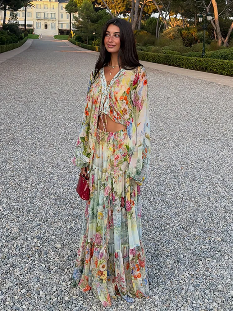 Beach Bohemian Floral Matching Set V Neck Tie Front Crop Top Elastic Waist Tiered Ruffle Maxi Skirt 2026 Vacation 2 Piece Outfit view 5