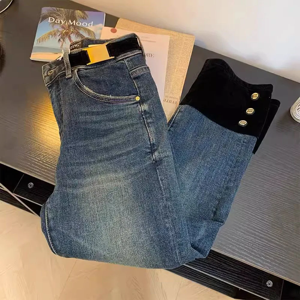 Imagem -03 - Calça Feminina com Emenda de Veludo de Cintura Alta Jeans Casual Feminino Slim Fit Calça Jeans de Tubo Reto Europeia Nova Primavera 2023