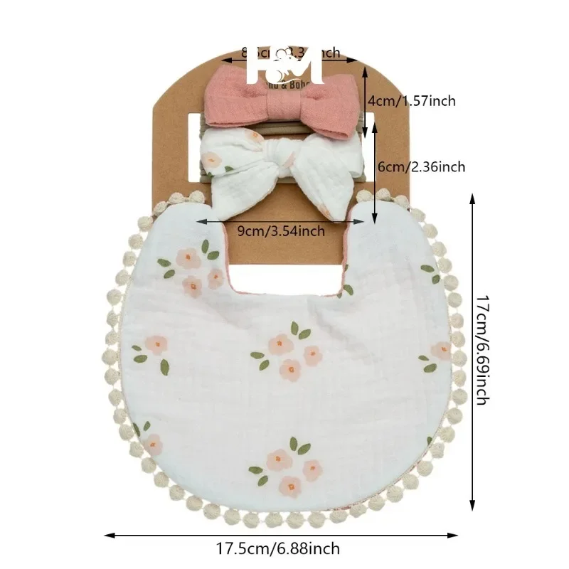 3Pcs/Set Baby Flower Bibs & Headbands Bow Nylon Hairbands Double Side Saliva Towel Feeding Burp Cloth Scarf Boys Girls Headwear