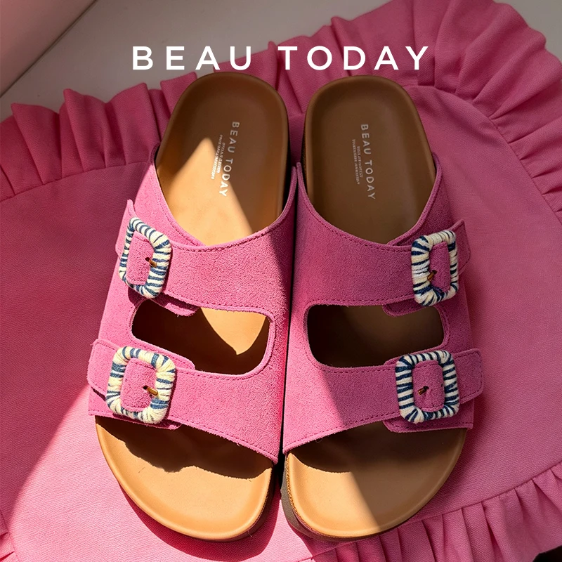 BEAUTODAY Casual Slippers Women Cow Suede Leather Platform Round Toe Buckle Band Slip-On Flats Ladies Shoes Handmade 34147