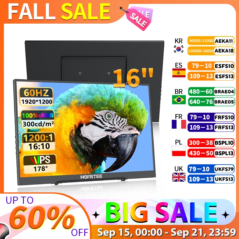 

HGFRTEE 16 inch Portable Monitor 100%sRGB FHD 60HZ Laptop Monitor VESA Hole Eye Care External Second Screen for PC Phone MAC