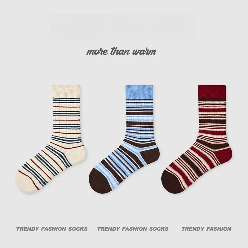 3 Pairs Women's Autumn Winter Cotton Striped Mid-Calf Grip Socks Fashion Ankle Socks Set Casual Loose Socks High Quality Hosiery