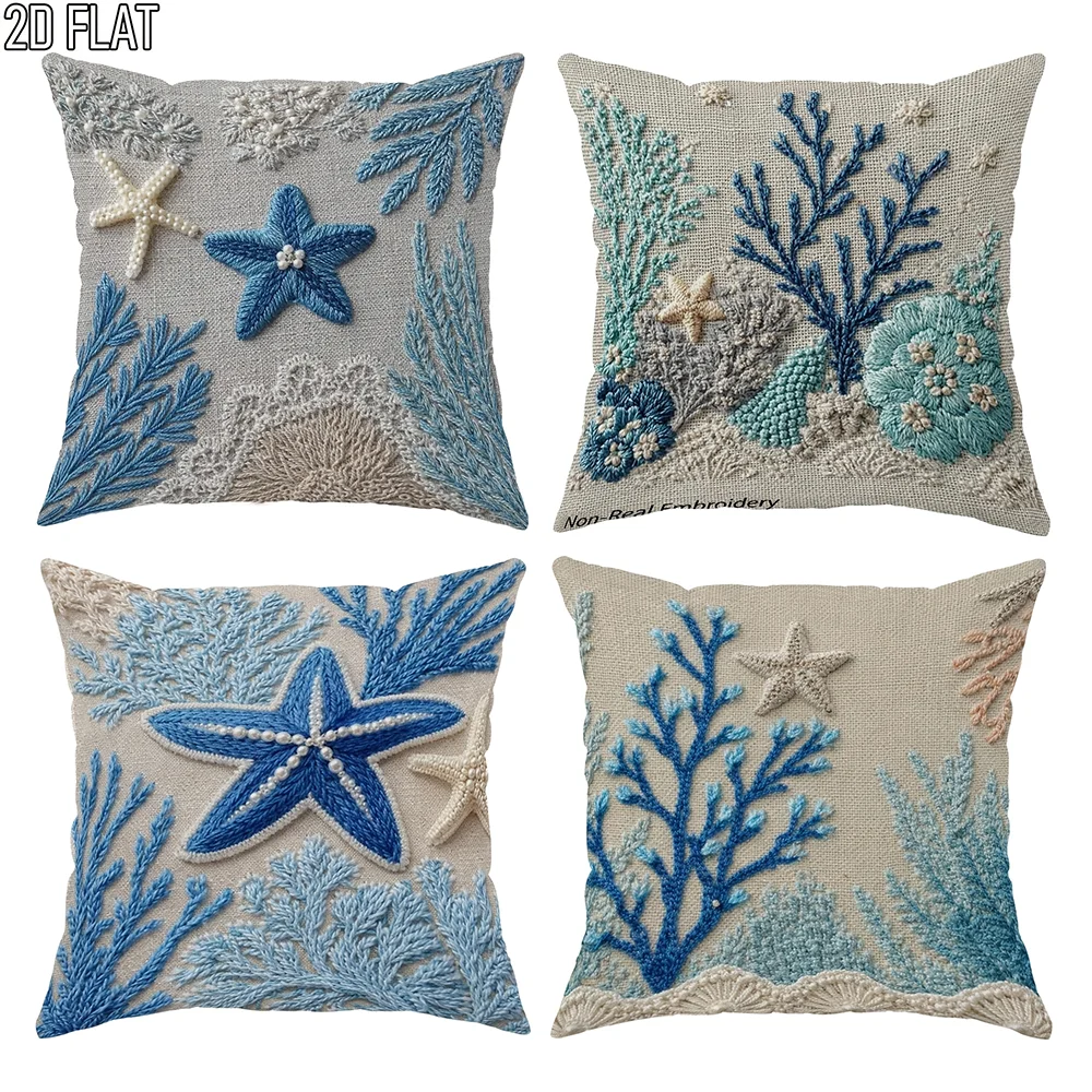 

1/4pcs Coastal Ocean Themed Throw Pillow Covers, Starfish Coral Beach Style Cushion Cases for Home Decor