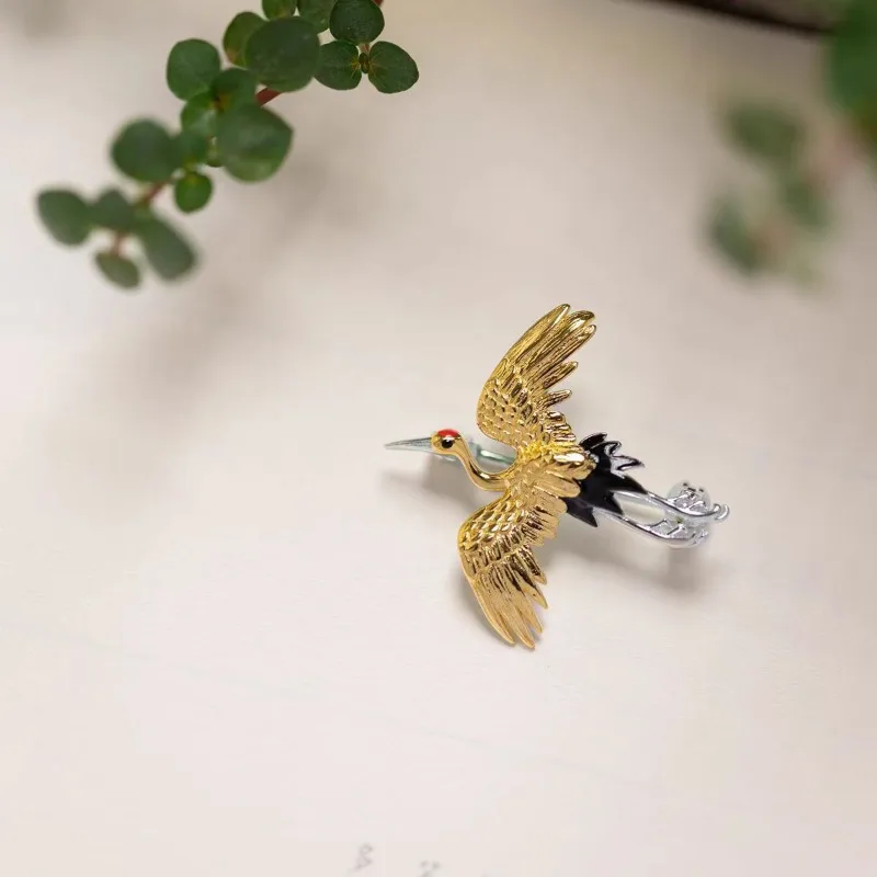 New in antique gold craftsm High quality red-crowned crane brooches for women enamel Chinese style broche charms jewelry