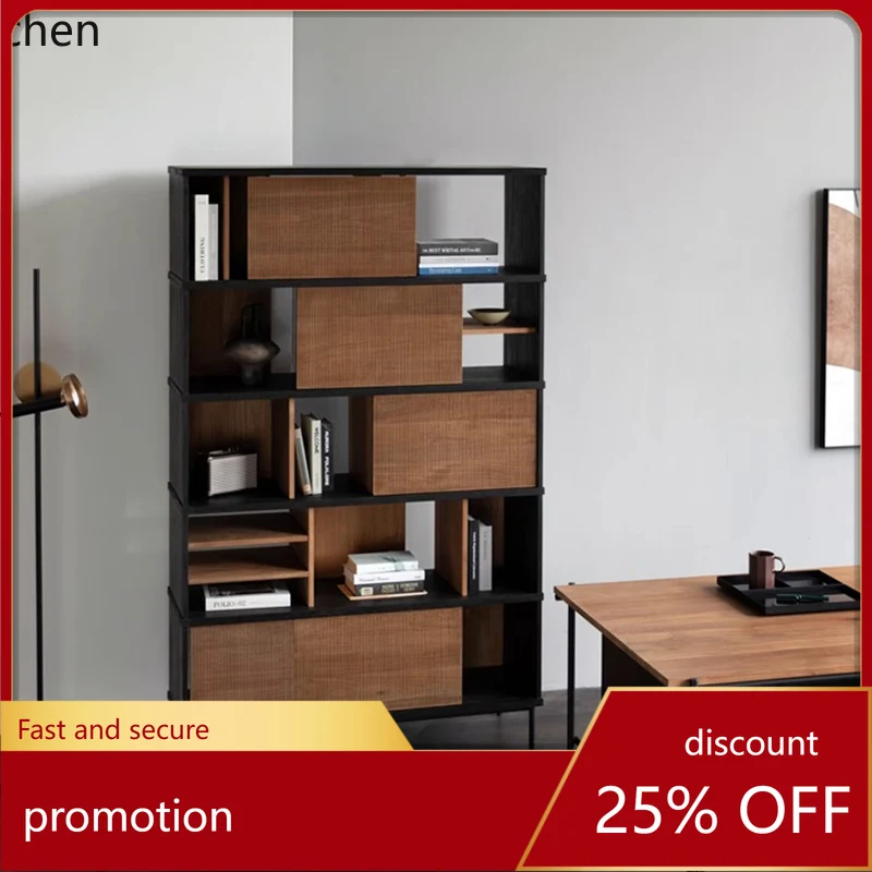 HT  teak solid wood floor-to-ceiling bookshelf push-pull wrought iron study integrated shelf against the wall