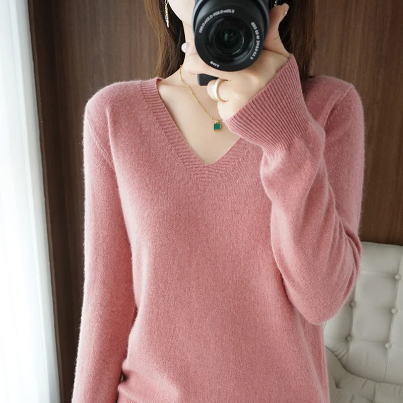 

New Cashmere Women's V-neck Pullover Lace Neck Hollow Out Design Casual Knitted Long Sleeve Women's Sweater Autumn And Winter