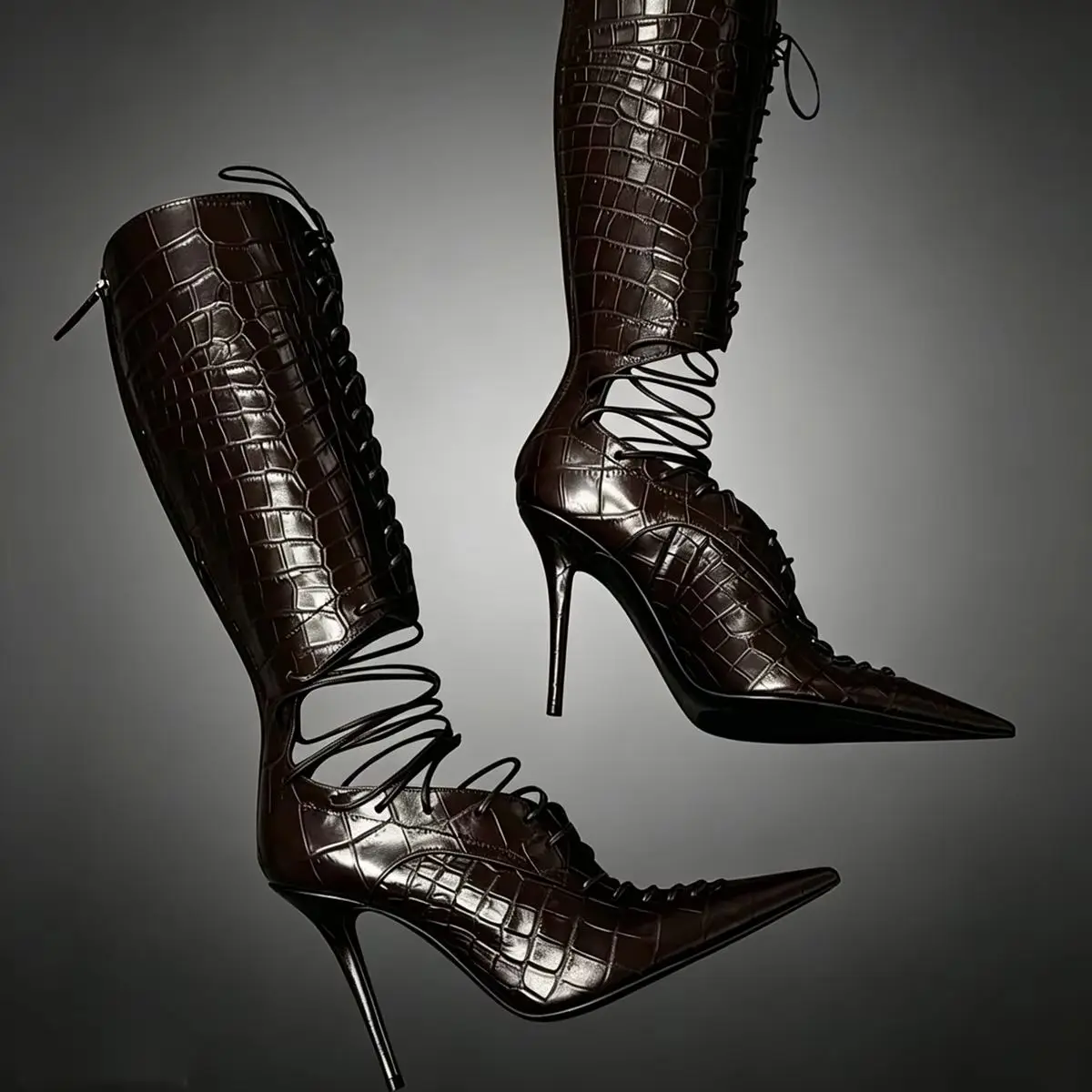 Pointy Toe Cutouts Knee High Booties Dark Brown Crocodile Print Leather Cross Straps Hollow Stiletto High Heels Sandals Boots